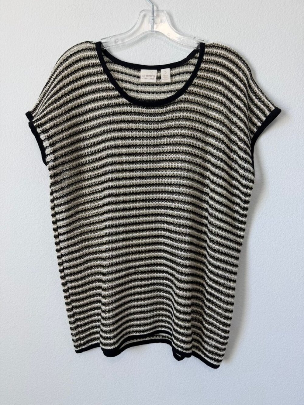 Chico's Short Sleeve Round Neck Striped Open Knit Sweater T-Shirt Size 2 (L)